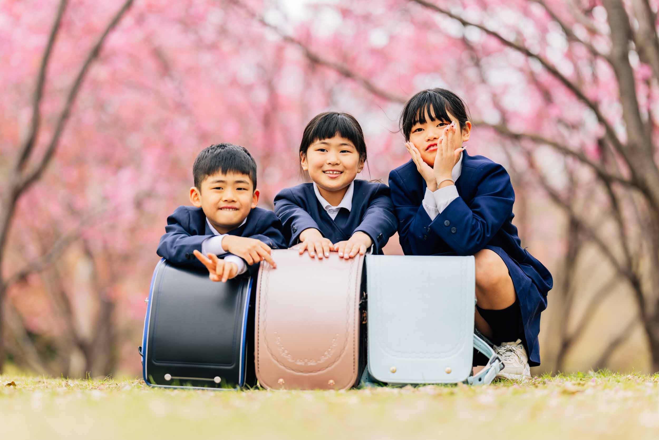 Three schoolchildren in uniforms posing with their backpacks on the ground in a pink blossom-filled park.